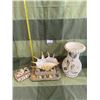 Image 1 : Vintage seashell lamp, trinket box, and vase. Some damages to shells on vase, and missing a seashell