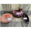 Image 2 : 3 glazed pottery/ceramic pieces. One pie plate with lid. One ceramic duck on nest and small trinket 
