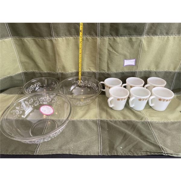 set of 3 pyrex, clear, colonial mist, nesting bowls, and 6 D-handle pyrex coffee cups with golden bu