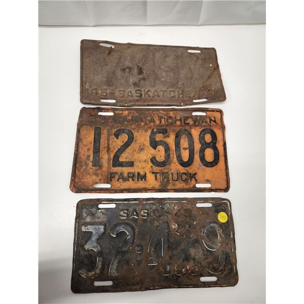 (3)Plates: 7497 46-Sask, 12 508 Farm Truck 39-Sask, 32 429 43-Sask