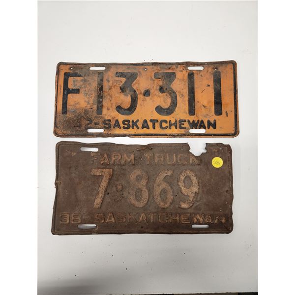 (2)Plates: F13-311 42-Sask, Farm Truck 7 869 38-Sask