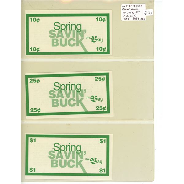 Lot of (3) Spring Savin' Bucks 10¢, 25¢, $1- All UNC