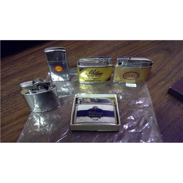 (5) Zippo Lighter Lot (Shell, Esso, Matinee, Rothmans King Size, & Plain)