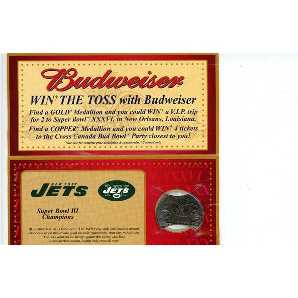 Budweiser 1 of 15 Superbowl Commemorative Medallions- New York Jets Superbowl III Champs