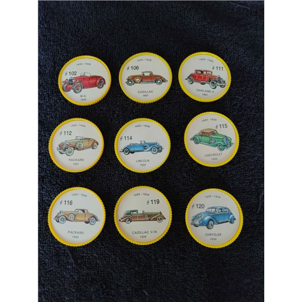 Set of 9 Jello yellow plastic frame car coins