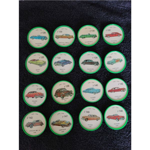 Set of 16 Jello green plastic frame car coins