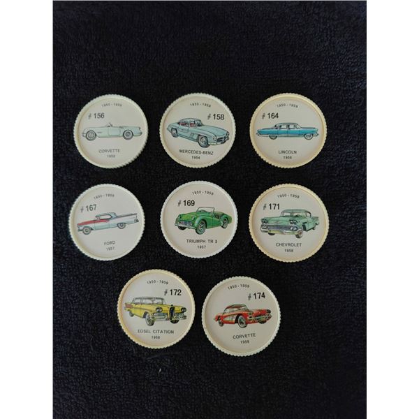 Set of 8 Jello white plastic frame car coins