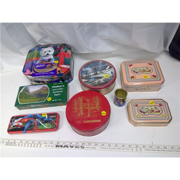 8 Assorted Tins - Cadbury, Joseph Walker, Spider-man, MTC, Angels, etc.