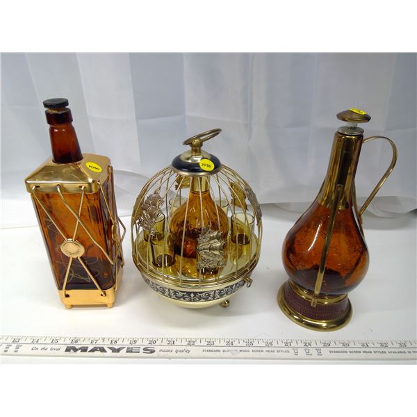 Amber Glass Liquor Bottle - Set of 3 w/ Shot Glasses