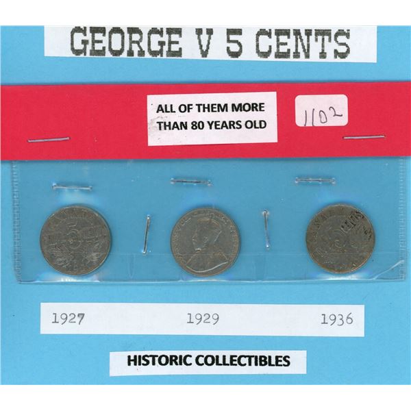 3 George V 5 Cents - 1927, 1929, and 1936