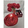 Image 1 : Lot of Red Living Room Décor (Flowers, Vase, Candle Holder, Large Décor Plate + Box)