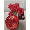 Image 2 : Lot of Red Living Room Décor (Flowers, Vase, Candle Holder, Large Décor Plate + Box)