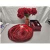 Image 5 : Lot of Red Living Room Décor (Flowers, Vase, Candle Holder, Large Décor Plate + Box)