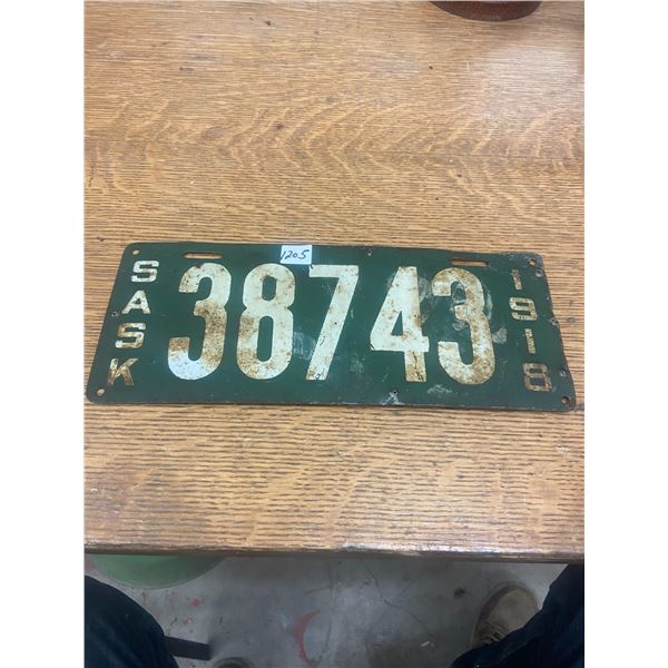 1918 Sask Licenses Plate "Rare"