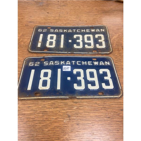 Pair of 1962 Sask Licenses Plates