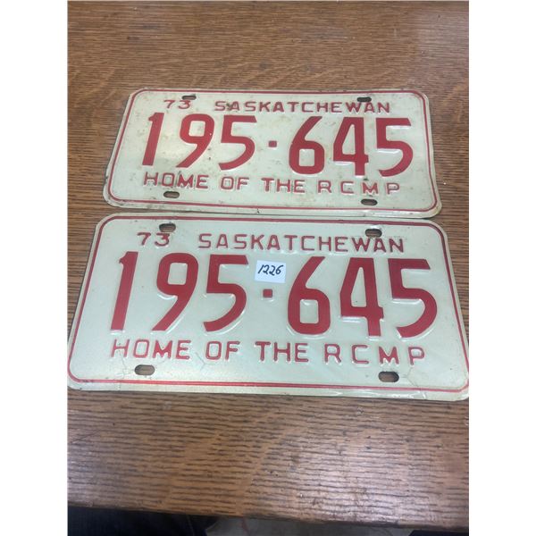 Pair of 1973 Sask Licenses Plates