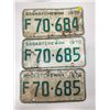 Image 1 : (3)Plates(2-Matching): F70-9684 1970-Sask, F70-685 1970-Sask x2