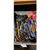 Image 1 : BOX OF ASSORTED HAND TOOLS INCLUDING HEAVY DUTY PIPE WRENCH, JUMPER CABLES, AND PIPE CUTTER