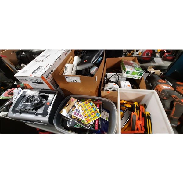 HIKVISION EKI-K41T44 4K NVR SECURITY CAMERA KIT, HP LASERJET P1006, BOX OF ASSORTED BOX CUTTERS,