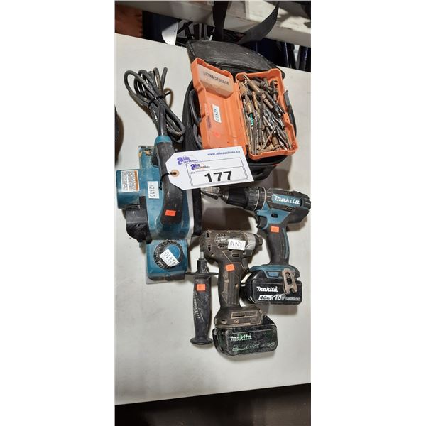 MAKITA CORDLESS DRILL, MAKITA CORDLESS IMPACT DRIVER WITH 2 BATTERIES, MAKITA ELECTRIC PLANER,