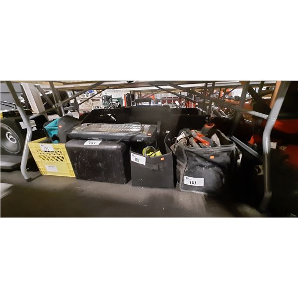 2 BINS OF ASSORTED POWER TOOLS, JOBSITE LIGHTING ASSORTED CARRY CASES, PADDED FOOT REST AND