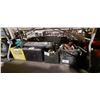 Image 1 : 2 BINS OF ASSORTED POWER TOOLS, JOBSITE LIGHTING ASSORTED CARRY CASES, PADDED FOOT REST AND