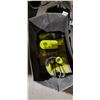 Image 3 : 2 BINS OF ASSORTED POWER TOOLS, JOBSITE LIGHTING ASSORTED CARRY CASES, PADDED FOOT REST AND