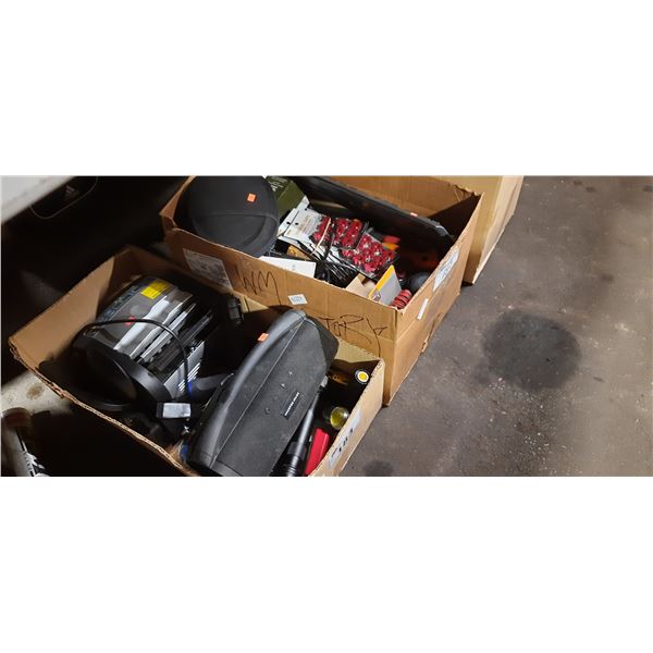 2  BOXES OF ASSORTED PORTABLE SPEAKERS, MONEY COUNTING MACHINE, FLASHLIGHTS, POWER BANKS, SCREEN