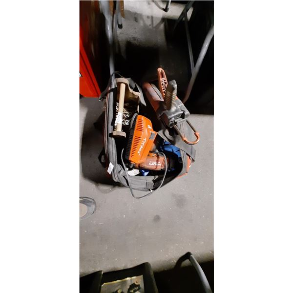 TOOL BAG WITH HILTI MD2000 DUAL MANUAL ADHESIVE DISPENSER, HILTI DRILL WITH BATTERY, CHARGER AND