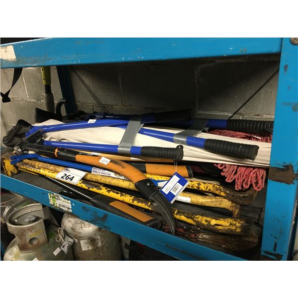 SHELF OF ASSORTED LARGE HAND TOOLS INCLUDING RYOBI ELECTRIC HIGH REACH 8" CHAINSAW