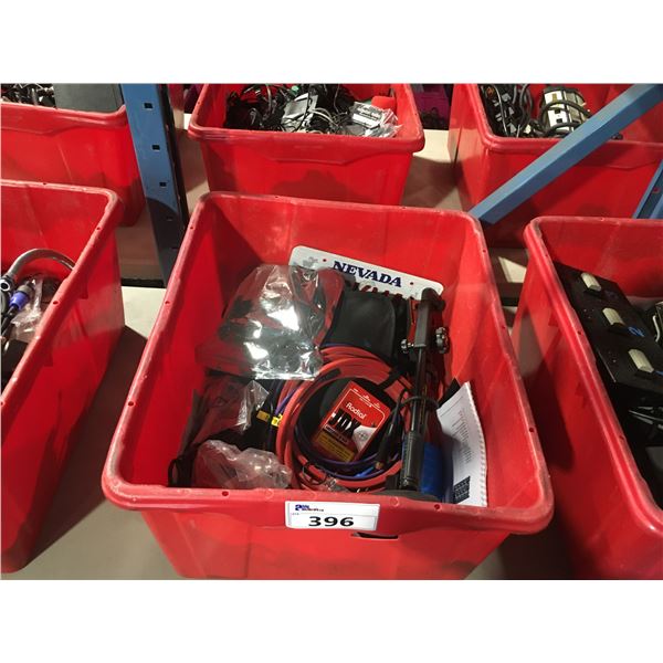 RED BIN OF ASSORTED AMPLIFIER BOXES, MICROPHONE STAND & ASSORTED CABLES