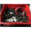 Image 2 : RED BIN OF ASSORTED CABLES, GREEN BAG OF TABLE HOLDERS / ADAPTERS, ACLAM GUITARS STAND PLATE