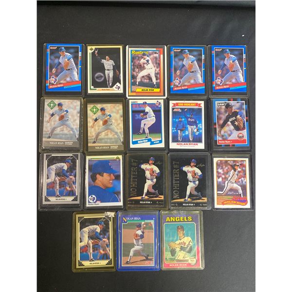 18 ASSORTED NOLAN RYAN BASEBALL CARDS (DON RUSS, UPPER DECK, TOPPS, FLEER, SCORE, AND LEAF)