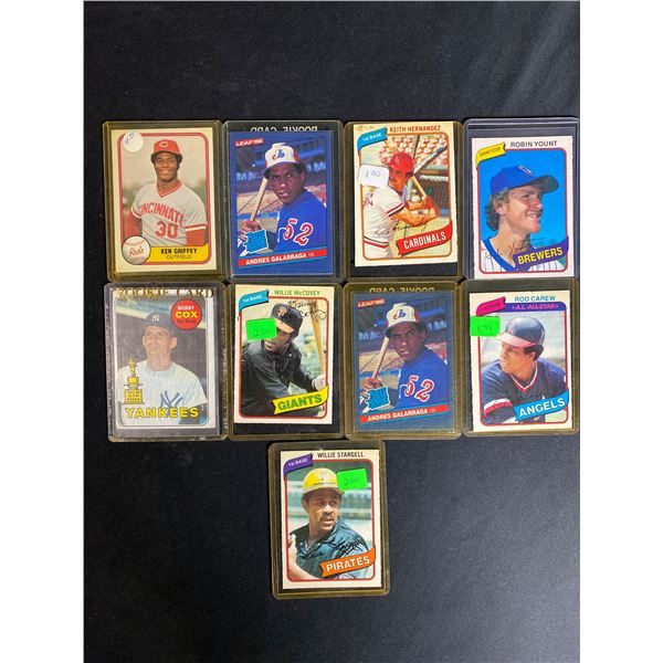 9 ASSORTED BASEBALL CARDS (O-PEE-CHEE, LEAF-DON RUSS, FLEER, AND TOPPS) NAMES INCLUDE; KEN GRIFFEY,