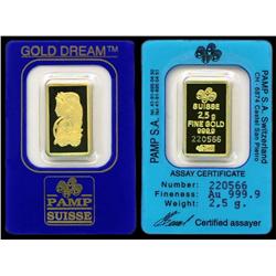 PAMP 2.5 gram Gold Bar 999.9 with Assay Cert.