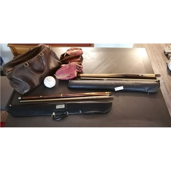 2 x Collapsible Pool Cues w/ Cases and 2 x Cowhide Catcher's Mitts w/ Softball and Carrying Case