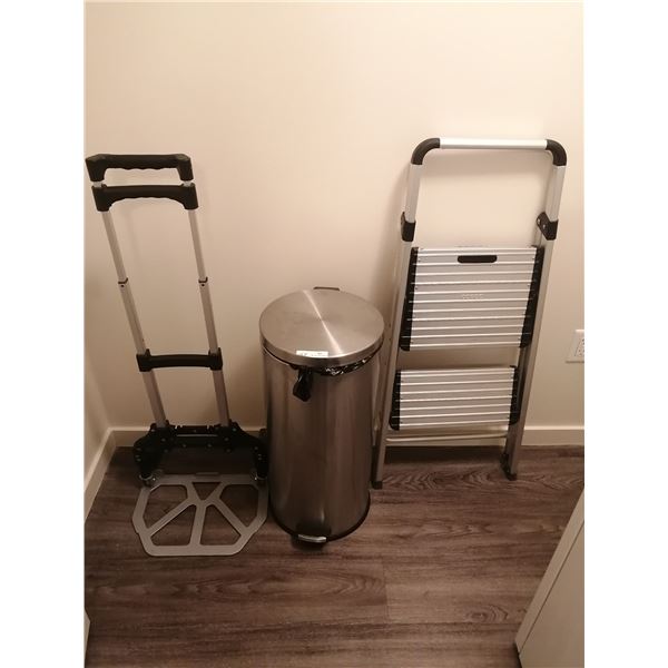 Collapsible Dolly, Cosco Step Stool, and Metal Trash Can