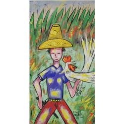 Frank Reyes (20th Century) Boy with Chicken, Gouache,