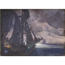 Henry George Keller (American, 1870-1949) Ships at Sea, Watercolor gouache on artist board,