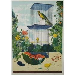 Aldo Pagliacci, Birds in a Cage, Lithograph,