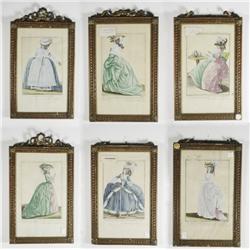 A Group of Six 18th Century French School Colored Engravings of Costume Illustrations.