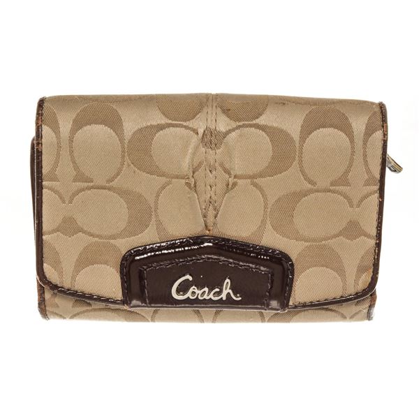 Coach Beige Monogram Canvas Leather Flap Wallet