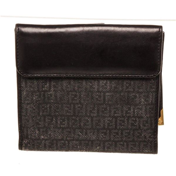 Fendi Black Canvas Compact Tab Wallet