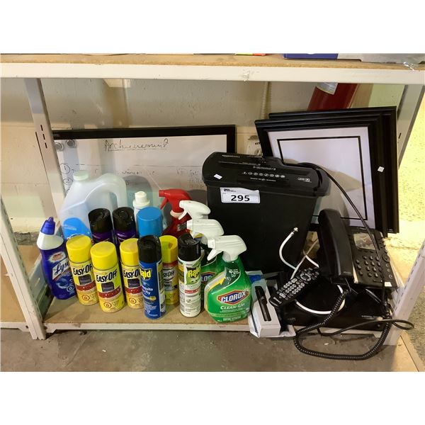 ASSORTED CLEANING PRODUCTS+BUG KILLERS, PAPER SHREDDER, POLYCOM PHONE, PICTURE FRAMES, & MORE