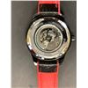 Image 2 : NEW MEN'S STOCKWELL AUTOMATIC SPORTS WATCH, SKELETON DIAL, BLACK LEATHER STRAP WITH RED DETAILING