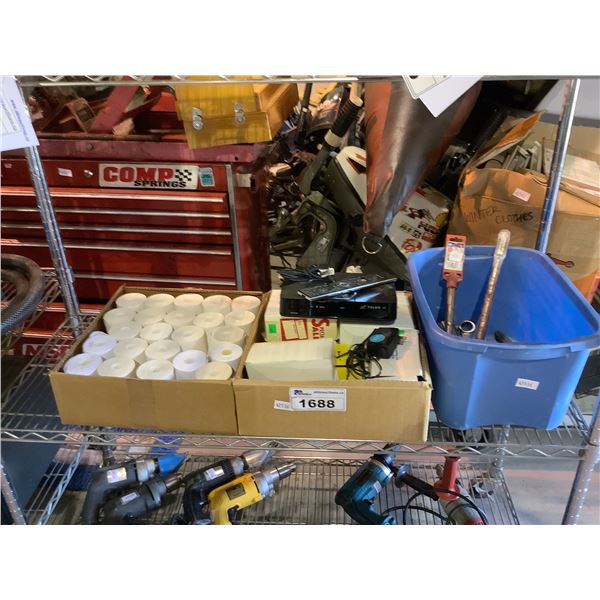 ASSORTED ITEMS INCLUDING; CALCULATOR ROLLS, STICKERS, TELUS BOX, CONCRETE DRILL BITS & MORE