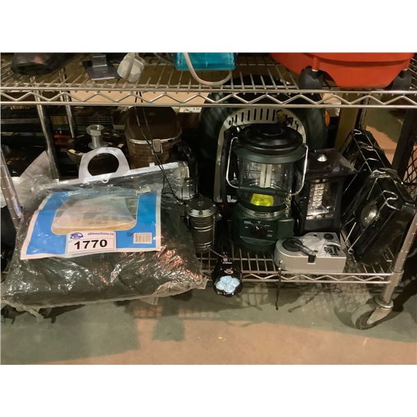 ASSORTED CAMPING ITEMS INCLUDING; LANTERNS, UMBRELLA MOSQUITO NET, THERMOS & MORE
