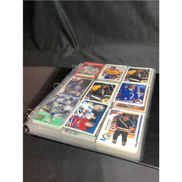 BINDER OF ASSORTED FOOTBALL, HOCKEY AND BASEBALL CARDS