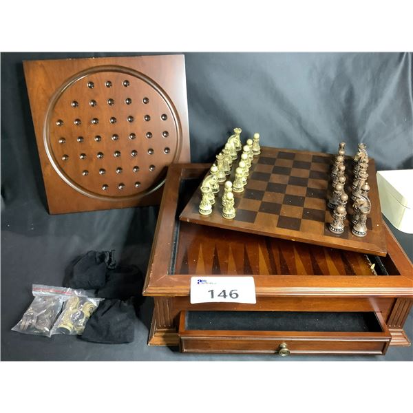 WOOD MULTI GAMES CABINET; CHESS, CHECKERS, BACKGAMMON AND CHINESE CHECKERS