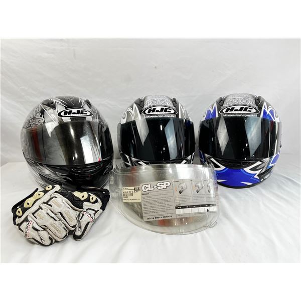 3 - HJC Helmets with 4 extra face shields and Teknic Racing Gloves